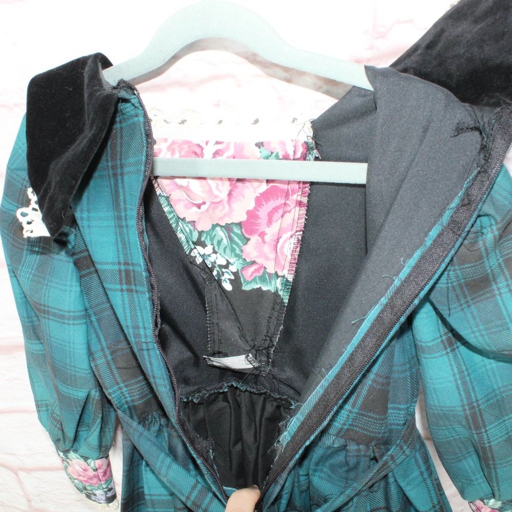 *Vintage Green Floral Checkered Layered Underskirt Midi Preppy Dress Size 5-6 - Picture 9 of 10
